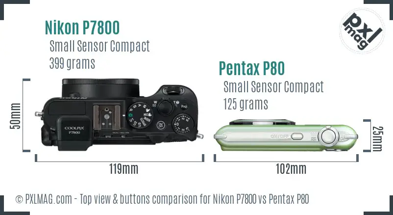 Nikon P7800 vs Pentax P80 top view buttons comparison