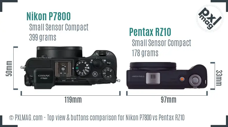 Nikon P7800 vs Pentax RZ10 top view buttons comparison