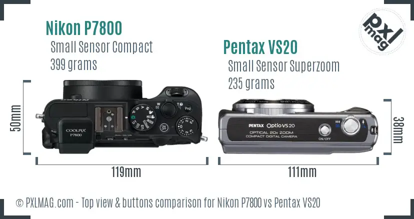 Nikon P7800 vs Pentax VS20 top view buttons comparison
