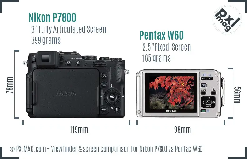Nikon P7800 vs Pentax W60 Screen and Viewfinder comparison
