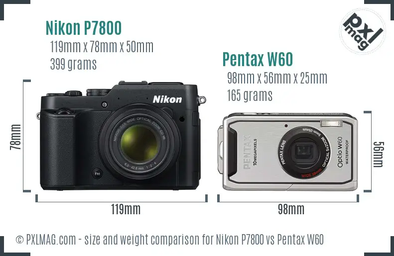Nikon P7800 vs Pentax W60 size comparison