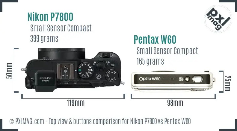 Nikon P7800 vs Pentax W60 top view buttons comparison