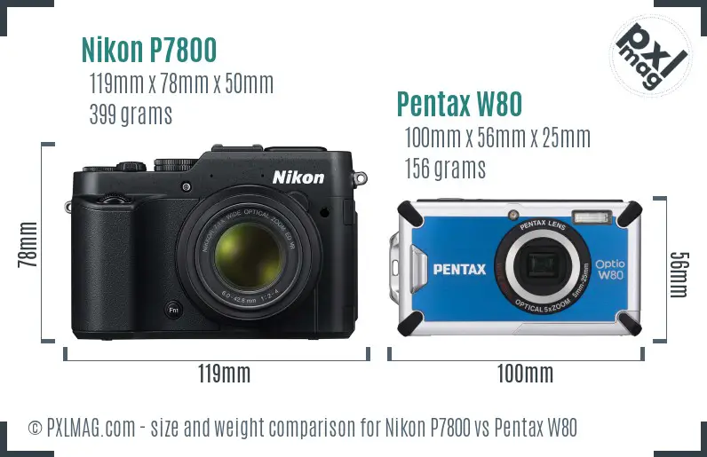 Nikon P7800 vs Pentax W80 size comparison