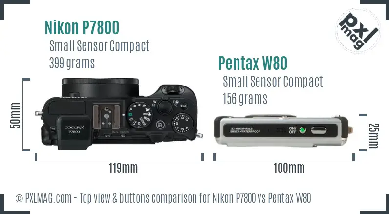 Nikon P7800 vs Pentax W80 top view buttons comparison
