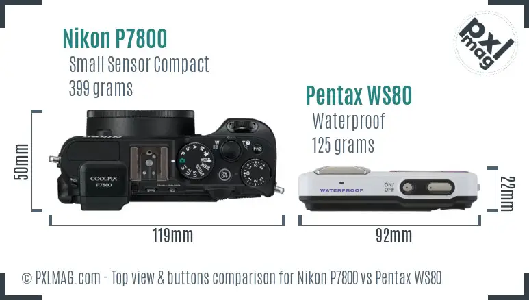 Nikon P7800 vs Pentax WS80 top view buttons comparison Nikon P7800 vs Pentax WS80 top view buttons comparison