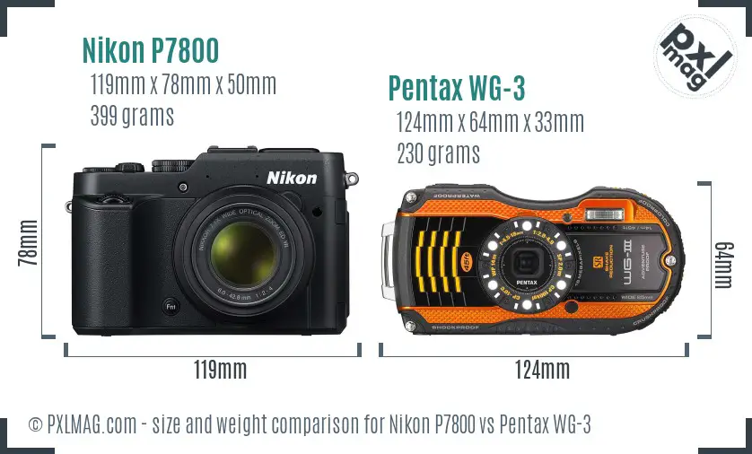 Nikon P7800 vs Pentax WG-3 size comparison