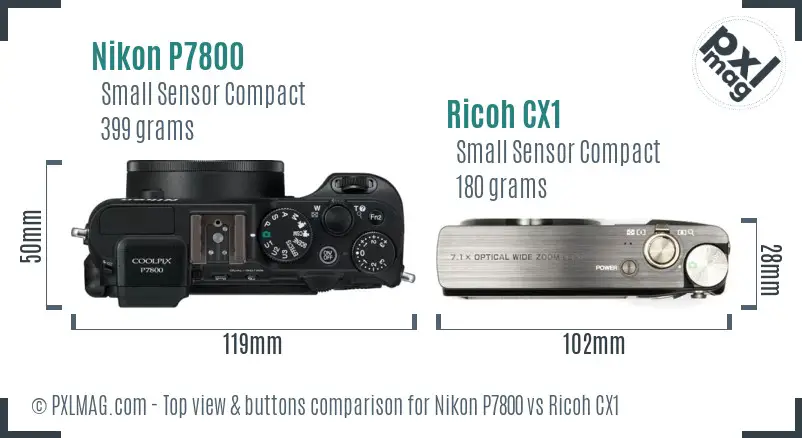 Nikon P7800 vs Ricoh CX1 top view buttons comparison