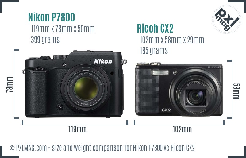 Nikon P7800 vs Ricoh CX2 size comparison