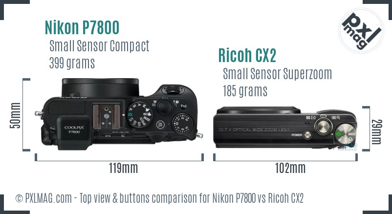 Nikon P7800 vs Ricoh CX2 top view buttons comparison