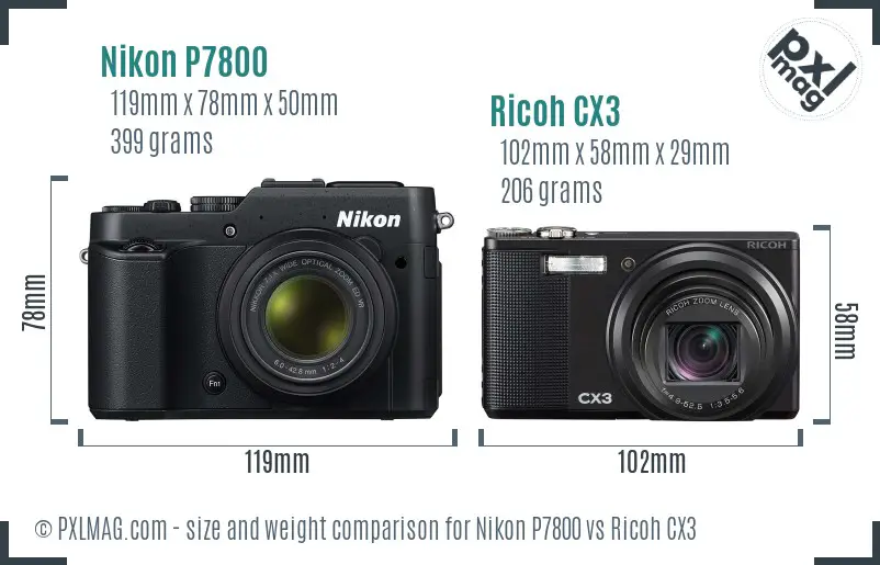 Nikon P7800 vs Ricoh CX3 size comparison