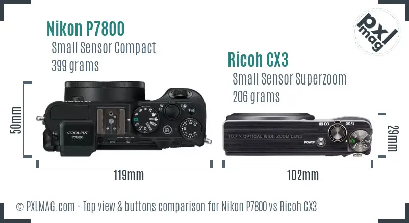 Nikon P7800 vs Ricoh CX3 top view buttons comparison