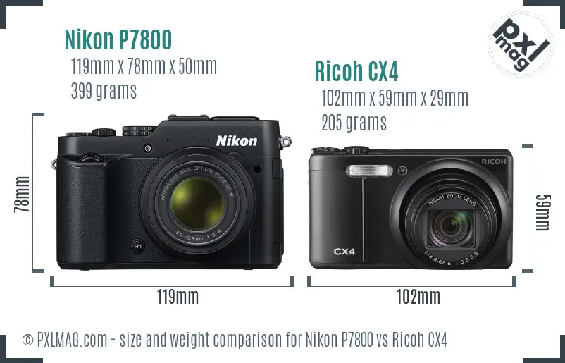 Nikon P7800 vs Ricoh CX4 size comparison