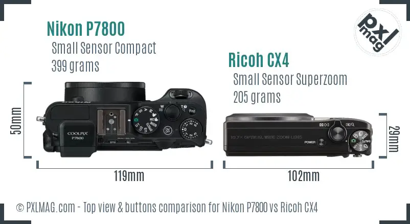 Nikon P7800 vs Ricoh CX4 top view buttons comparison