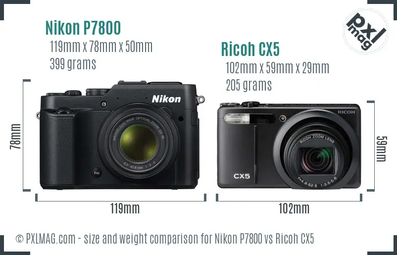 Nikon P7800 vs Ricoh CX5 size comparison