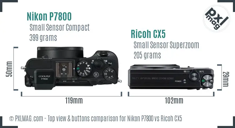 Nikon P7800 vs Ricoh CX5 top view buttons comparison