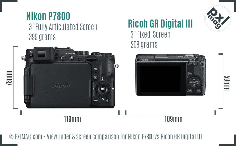 Nikon P7800 vs Ricoh GR Digital III Screen and Viewfinder comparison