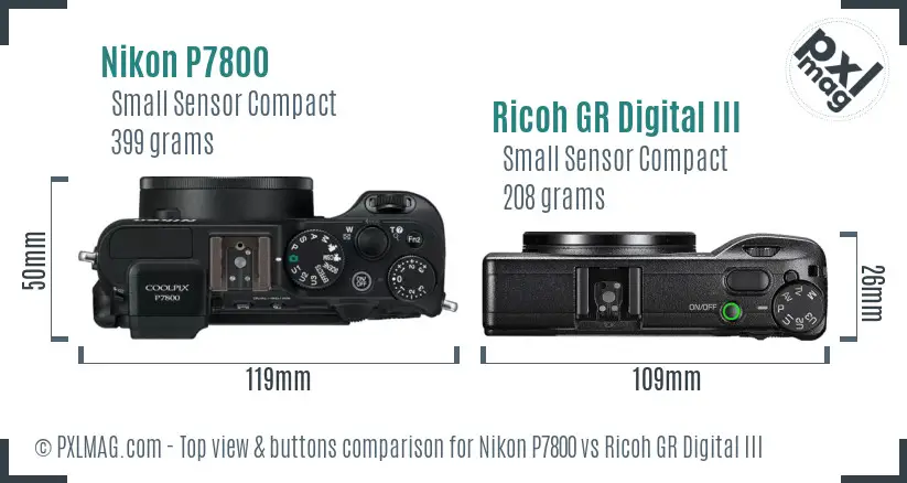 Nikon P7800 vs Ricoh GR Digital III top view buttons comparison