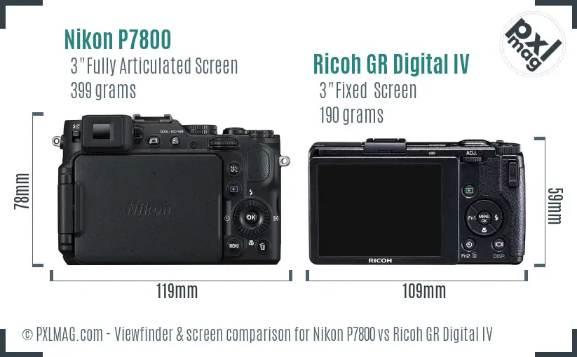 Nikon P7800 vs Ricoh GR Digital IV Screen and Viewfinder comparison