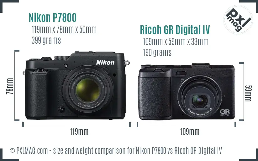 Nikon P7800 vs Ricoh GR Digital IV size comparison