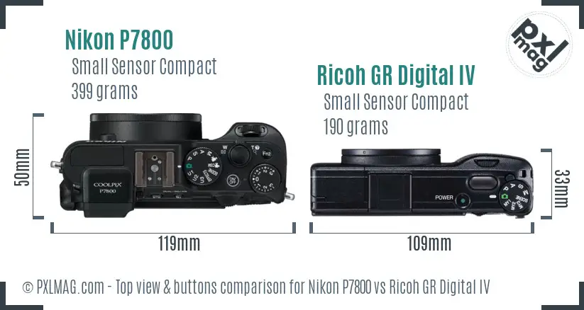 Nikon P7800 vs Ricoh GR Digital IV top view buttons comparison
