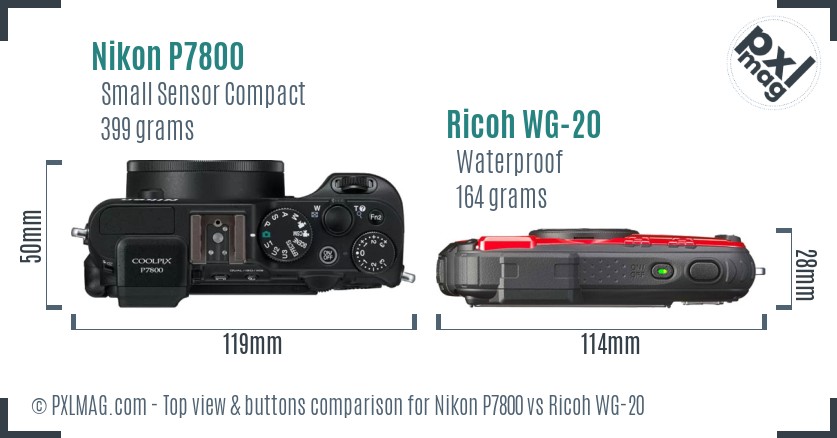 Nikon P7800 vs Ricoh WG-20 top view buttons comparison