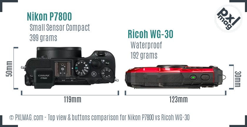 Nikon P7800 vs Ricoh WG-30 top view buttons comparison
