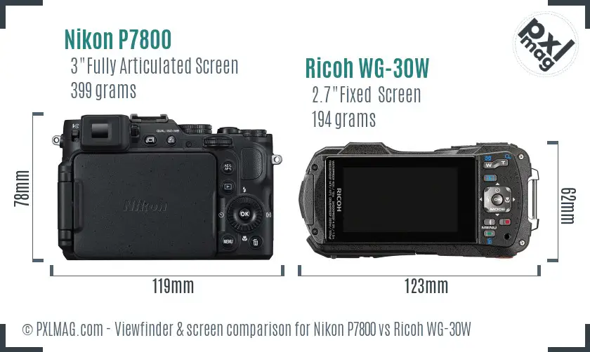 Nikon P7800 vs Ricoh WG-30W Screen and Viewfinder comparison