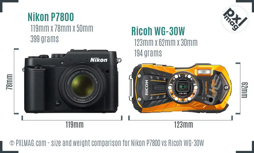 Nikon P7800 vs Ricoh WG-30W size comparison