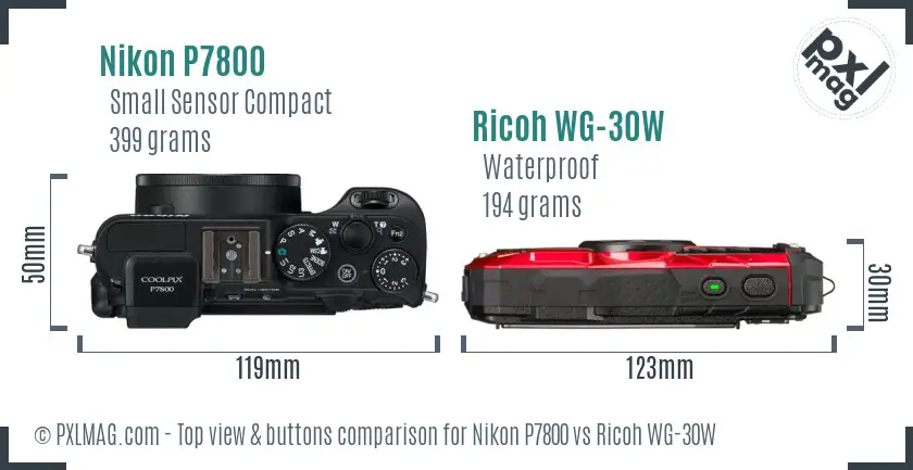 Nikon P7800 vs Ricoh WG-30W top view buttons comparison