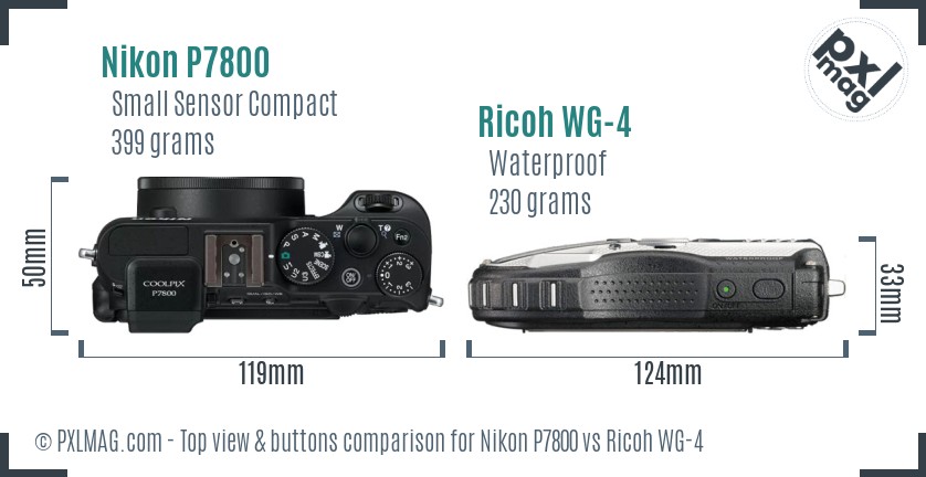 Nikon P7800 vs Ricoh WG-4 top view buttons comparison