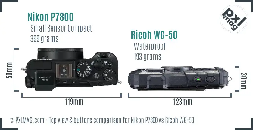 Nikon P7800 vs Ricoh WG-50 top view buttons comparison Nikon P7800 vs Ricoh WG-50 top view buttons comparison