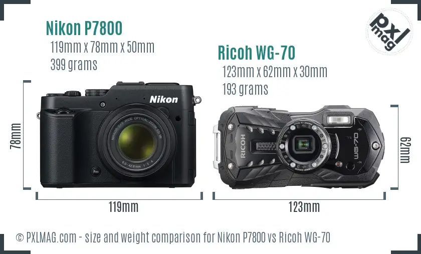 Nikon P7800 vs Ricoh WG-70 size comparison