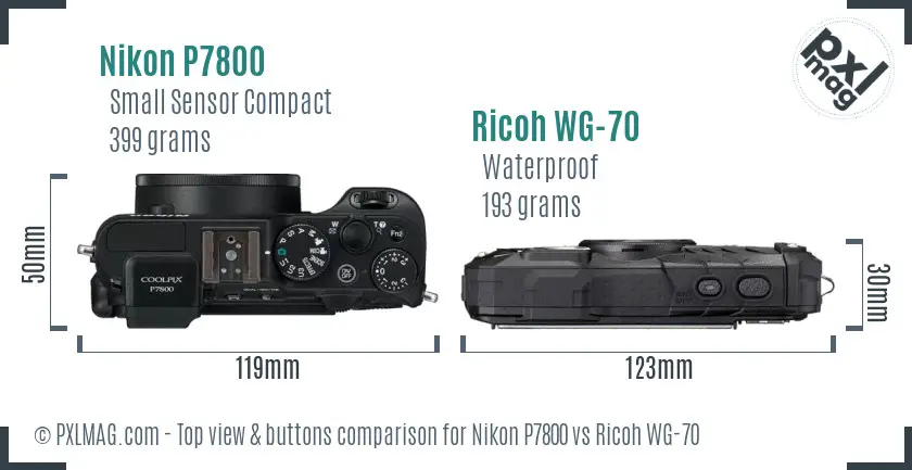 Nikon P7800 vs Ricoh WG-70 top view buttons comparison