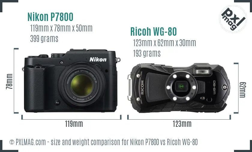 Nikon P7800 vs Ricoh WG-80 size comparison