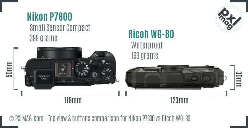 Nikon P7800 vs Ricoh WG-80 top view buttons comparison