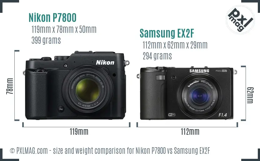 Nikon P7800 vs Samsung EX2F size comparison