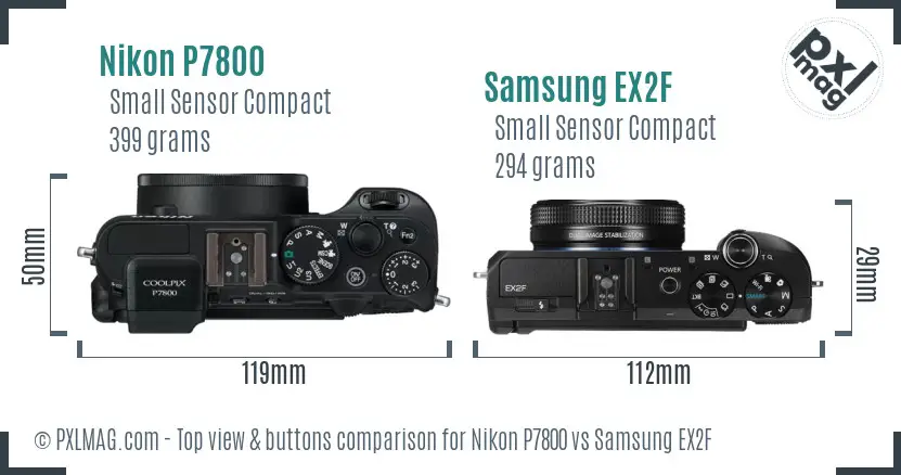 Nikon P7800 vs Samsung EX2F top view buttons comparison