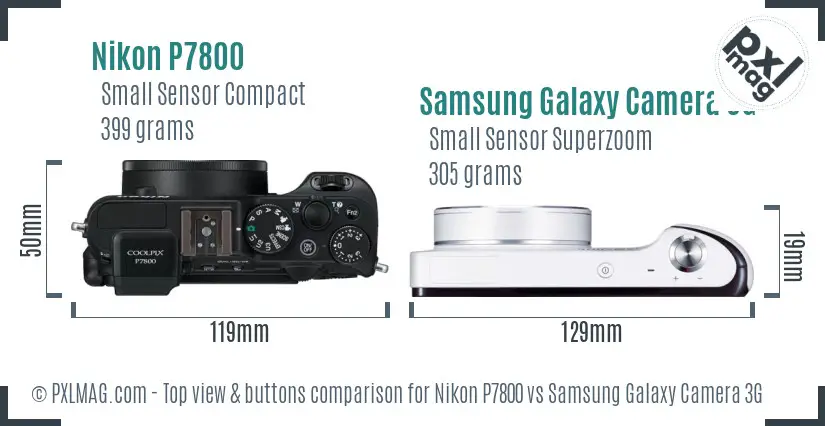 Nikon P7800 vs Samsung Galaxy Camera 3G top view buttons comparison Nikon P7800 vs Samsung Galaxy Camera 3G top view buttons comparison