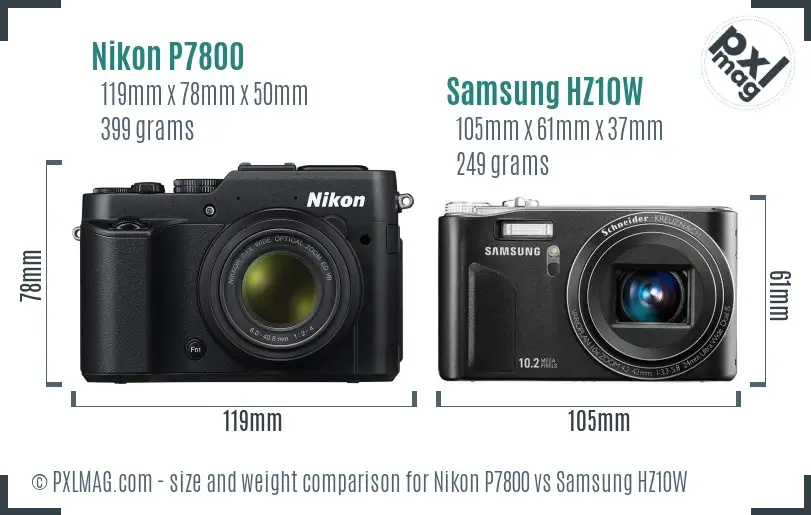 Nikon P7800 vs Samsung HZ10W size comparison