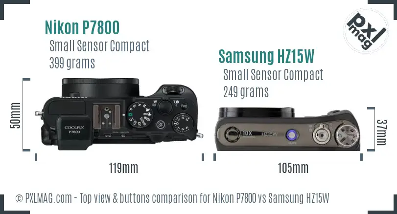 Nikon P7800 vs Samsung HZ15W top view buttons comparison