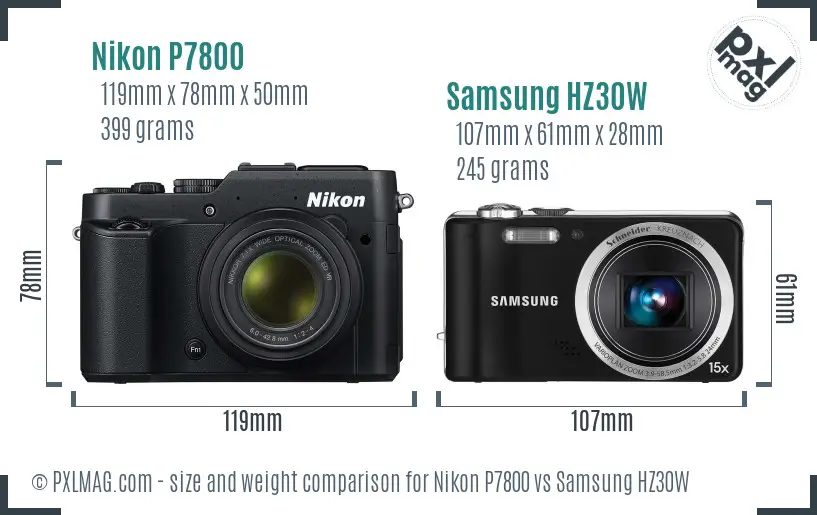 Nikon P7800 vs Samsung HZ30W size comparison Nikon P7800 vs Samsung HZ30W size comparison