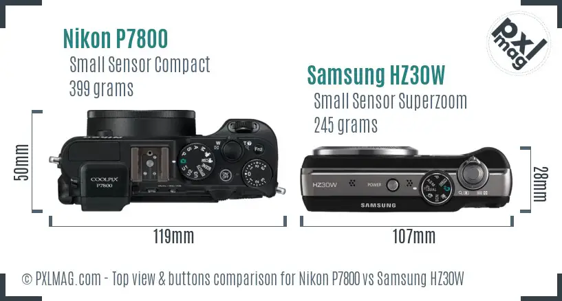Nikon P7800 vs Samsung HZ30W top view buttons comparison Nikon P7800 vs Samsung HZ30W top view buttons comparison
