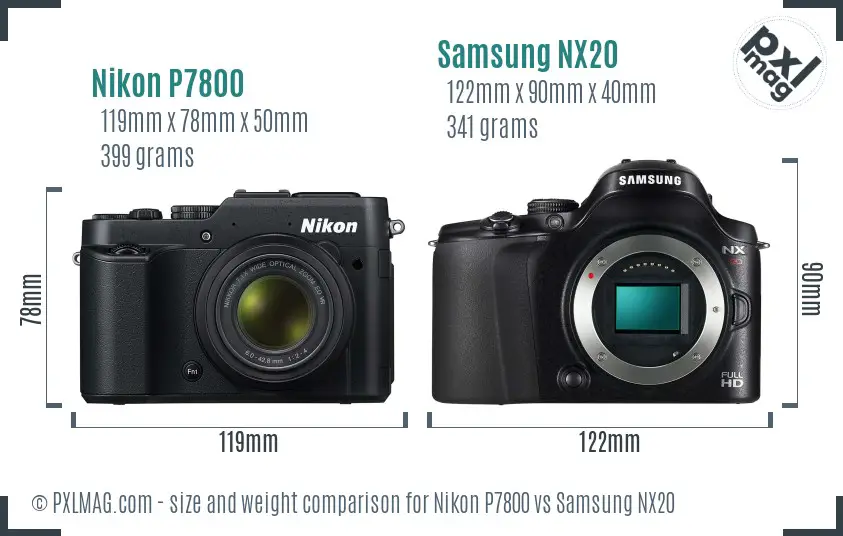 Nikon P7800 vs Samsung NX20 size comparison
