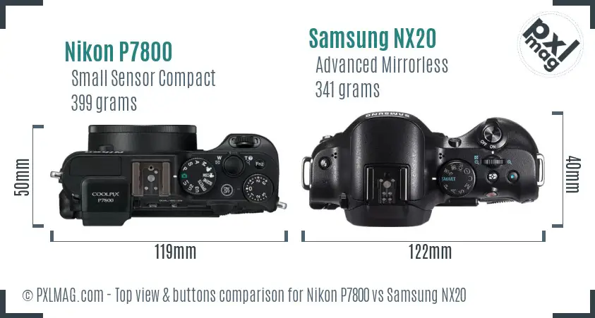 Nikon P7800 vs Samsung NX20 top view buttons comparison