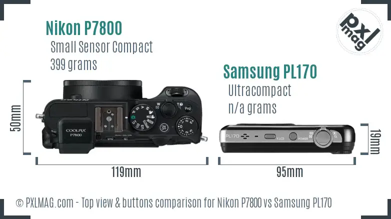 Nikon P7800 vs Samsung PL170 top view buttons comparison
