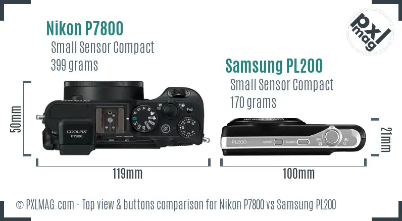 Nikon P7800 vs Samsung PL200 top view buttons comparison