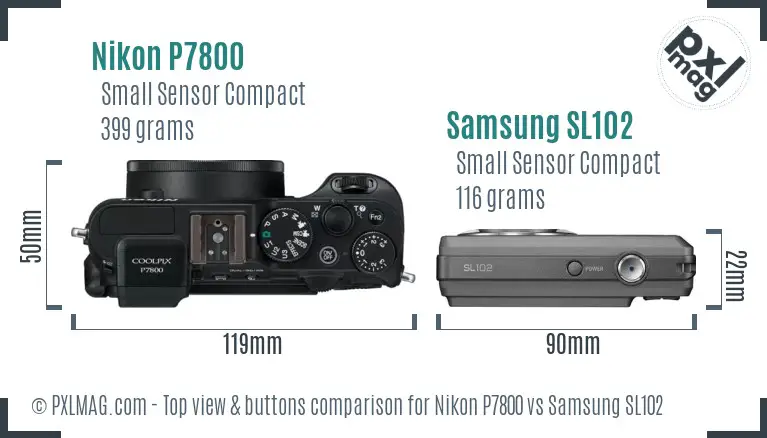 Nikon P7800 vs Samsung SL102 top view buttons comparison