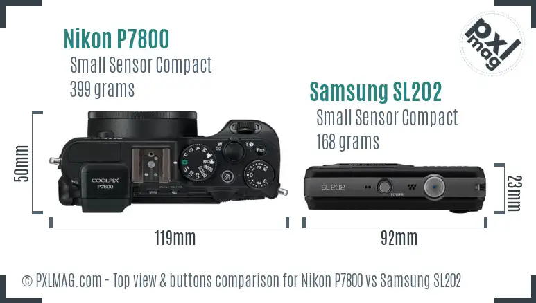 Nikon P7800 vs Samsung SL202 top view buttons comparison