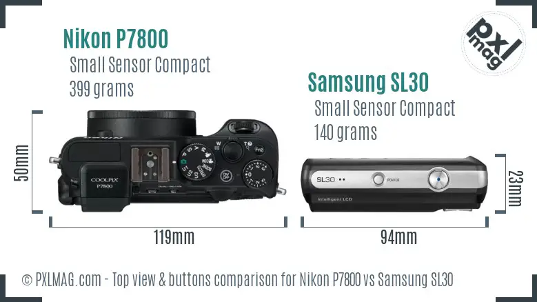 Nikon P7800 vs Samsung SL30 top view buttons comparison