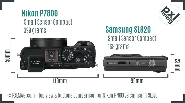 Nikon P7800 vs Samsung SL820 top view buttons comparison